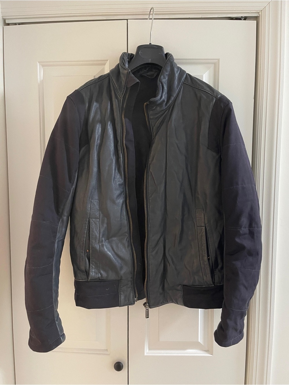 Men's dark Blue Leather Bomber Jacket with Navy Sleeve Panels